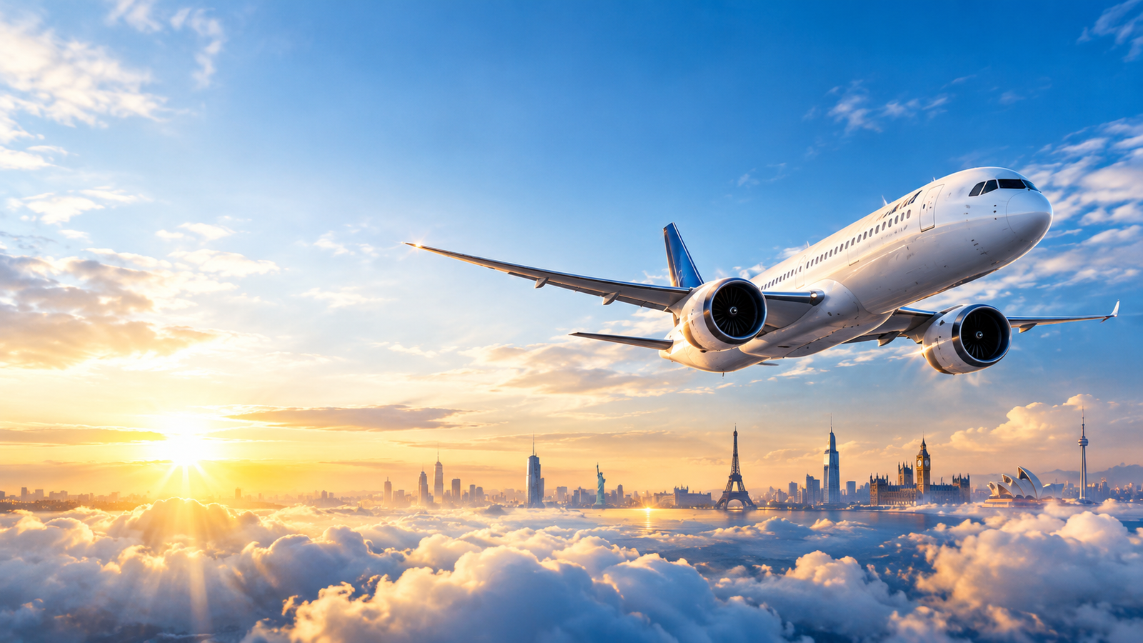Passenger aircraft above clouds at sunset